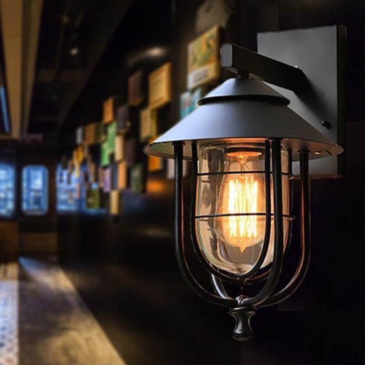 Contemporary Industrial Iron & Glass Caged Cylinder 1-Light Wall Sconce Lamp For Outdoor Patio | Kalsten