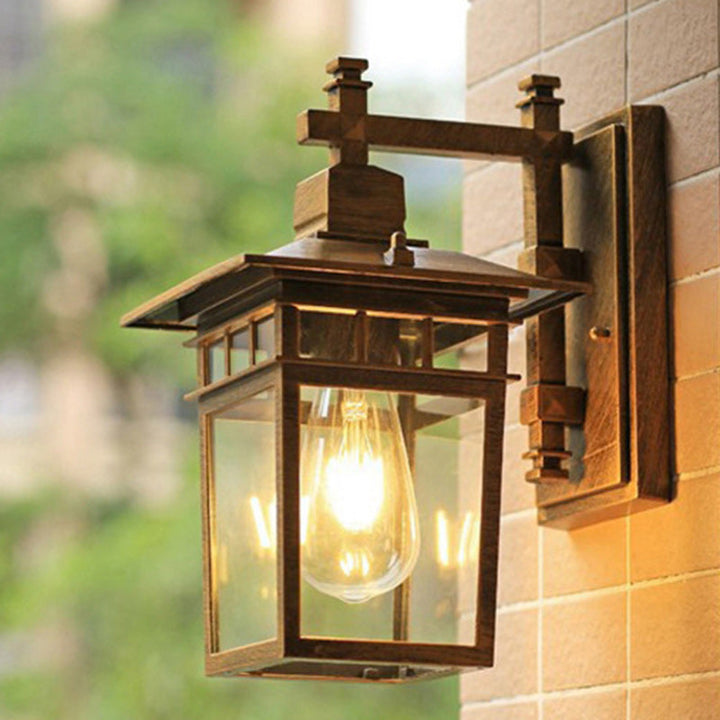 Traditional Rustic Cast Aluminum, Iron & Glass Rectangular 1-Light Wall Sconce Lamp For Outdoor Garden & Patio | Kalsten