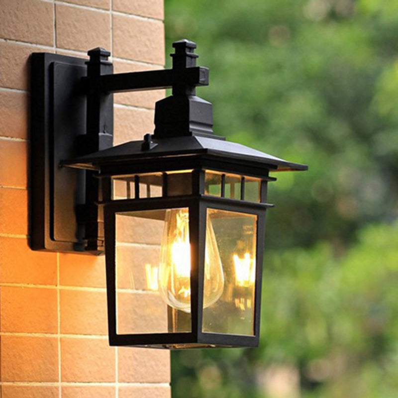 Traditional Rustic Cast Aluminum, Iron & Glass Rectangular 1-Light Wall Sconce Lamp For Outdoor Garden & Patio | Kalsten