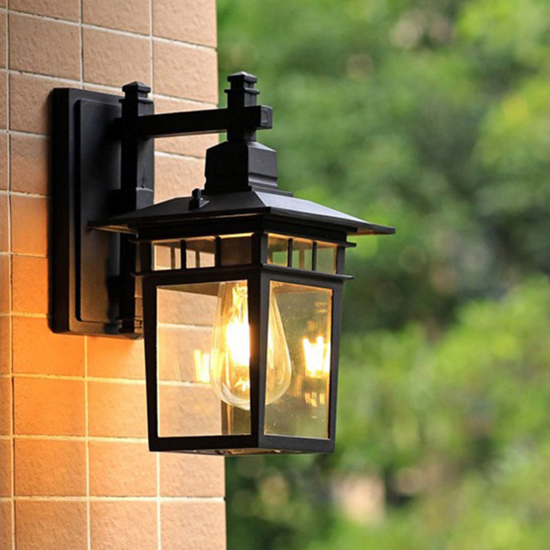 Traditional Rustic Cast Aluminum, Iron & Glass Rectangular 1-Light Wall Sconce Lamp For Outdoor Garden & Patio | Kalsten