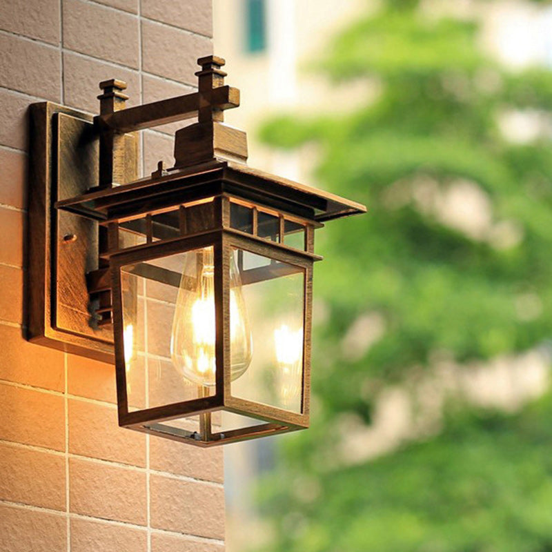 Traditional Rustic Cast Aluminum, Iron & Glass Rectangular 1-Light Wall Sconce Lamp For Outdoor Garden & Patio | Kalsten
