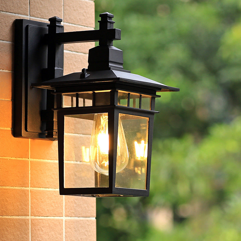 Traditional Rustic Cast Aluminum, Iron & Glass Rectangular 1-Light Wall Sconce Lamp For Outdoor Garden & Patio | Kalsten