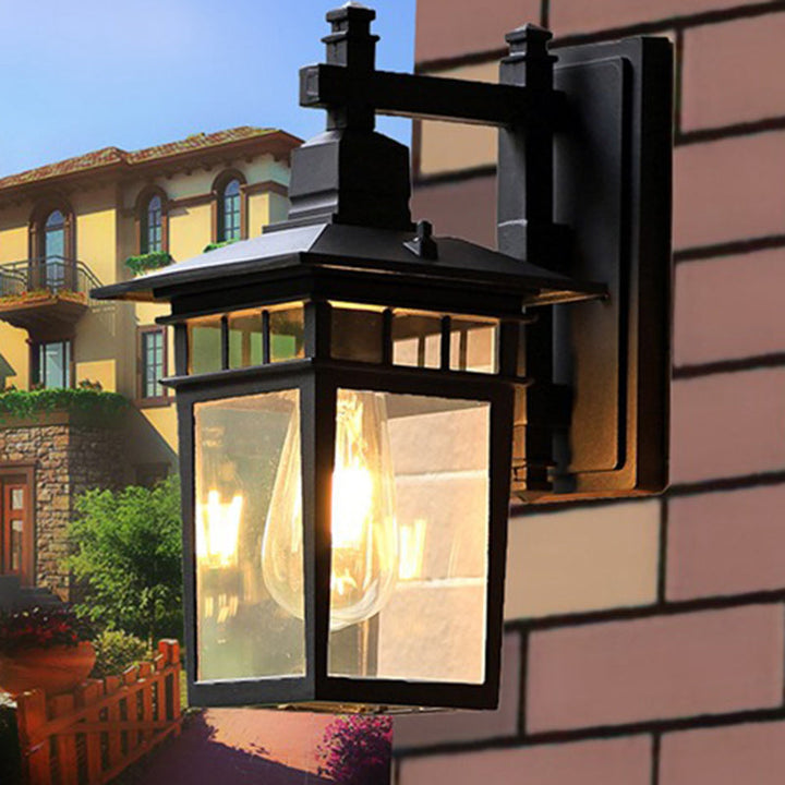 Traditional Rustic Cast Aluminum, Iron & Glass Rectangular 1-Light Wall Sconce Lamp For Outdoor Garden & Patio | Kalsten