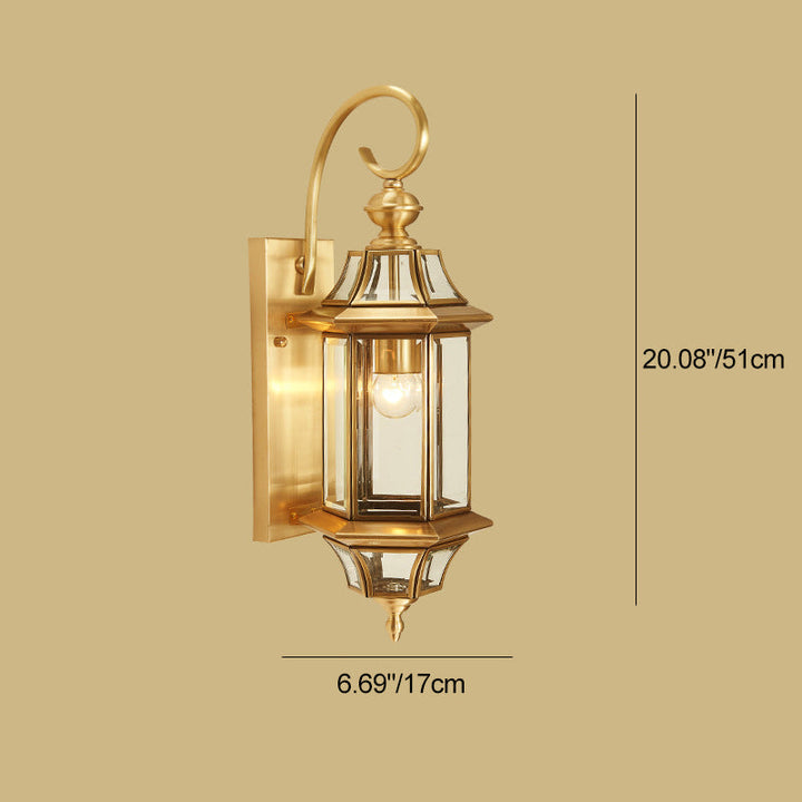 Traditional European Brass Glass Polygonal 1-Light Waterproof Wall Sconce Lamp For Bedroom Patio And Garden | Kalsten