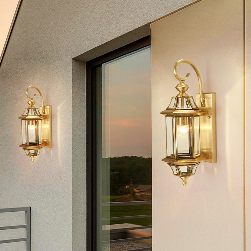 Traditional European Brass Glass Polygonal 1-Light Waterproof Wall Sconce Lamp For Bedroom Patio And Garden | Kalsten