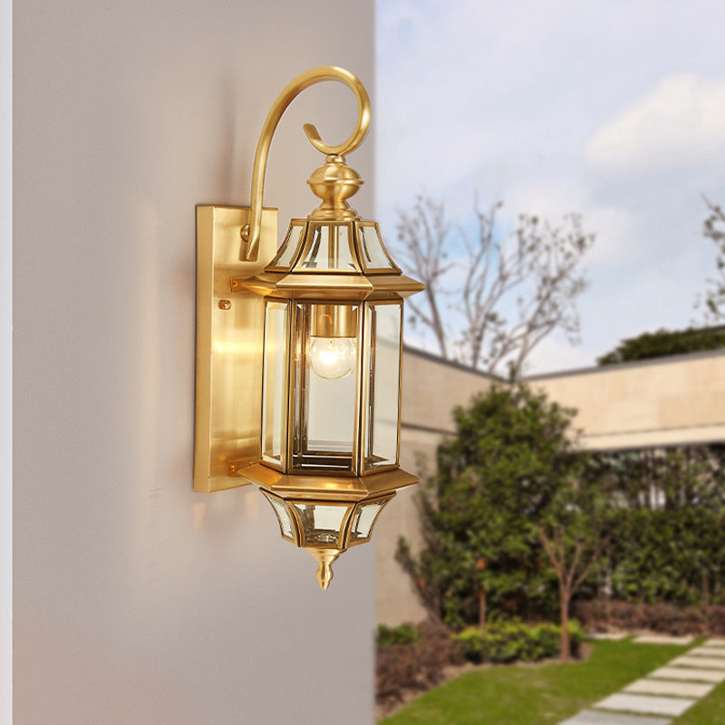 Traditional European Brass Glass Polygonal 1-Light Waterproof Wall Sconce Lamp For Bedroom Patio And Garden | Kalsten