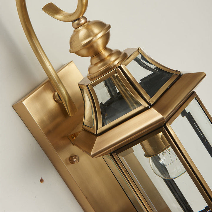 Traditional European Brass Glass Polygonal 1-Light Waterproof Wall Sconce Lamp For Bedroom Patio And Garden | Kalsten