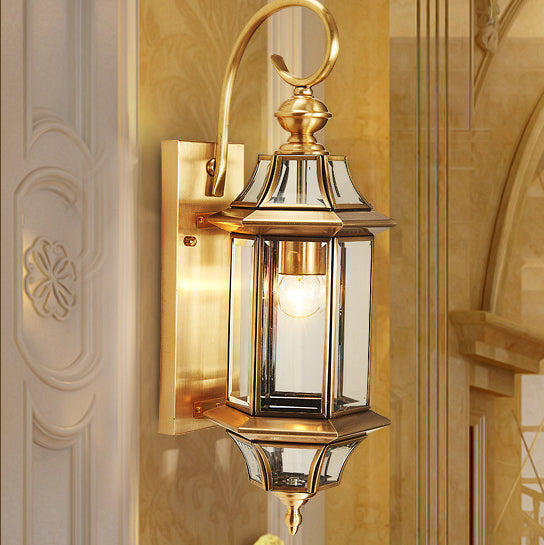 Traditional European Brass Glass Polygonal 1-Light Waterproof Wall Sconce Lamp For Bedroom Patio And Garden | Kalsten