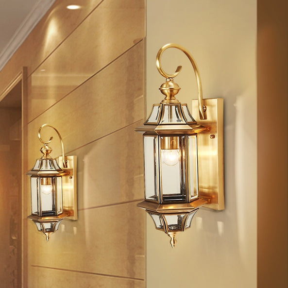 Traditional European Brass Glass Polygonal 1-Light Waterproof Wall Sconce Lamp For Bedroom Patio And Garden | Kalsten