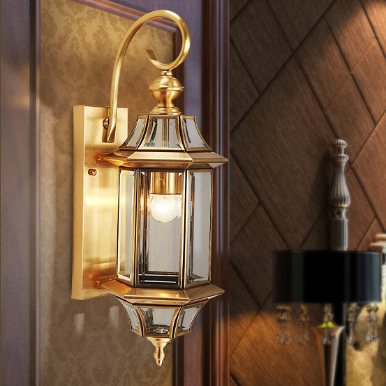 Traditional European Brass Glass Polygonal 1-Light Waterproof Wall Sconce Lamp For Bedroom Patio And Garden | Kalsten