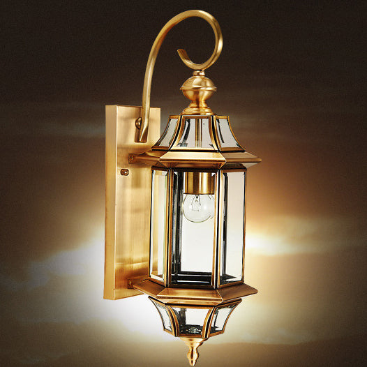 Traditional European Brass Glass Polygonal 1-Light Waterproof Wall Sconce Lamp For Bedroom Patio And Garden | Kalsten