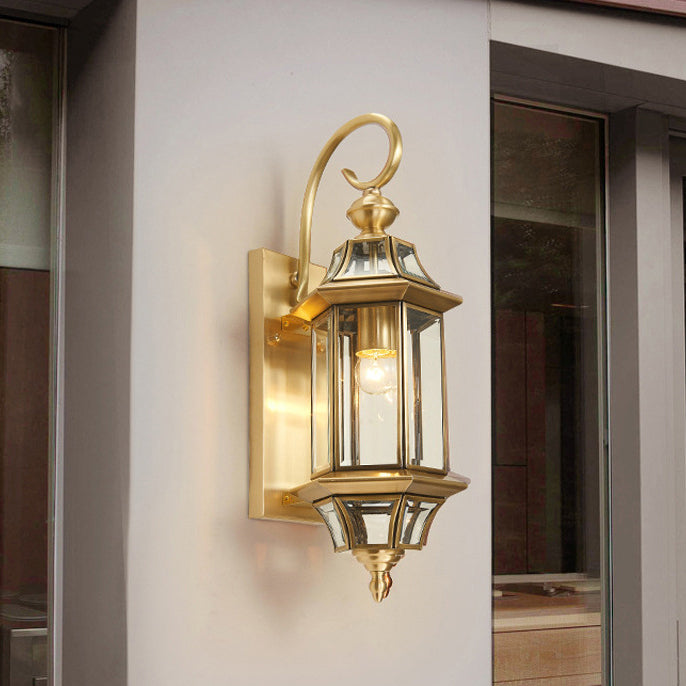 Traditional European Brass Glass Polygonal 1-Light Waterproof Wall Sconce Lamp For Bedroom Patio And Garden | Kalsten
