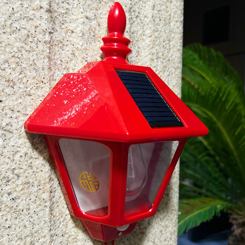 Traditional Chinese ABS Iron Fu Character Cone 1-Light Solar Wall Sconce Lamp For Outdoor | Kalsten