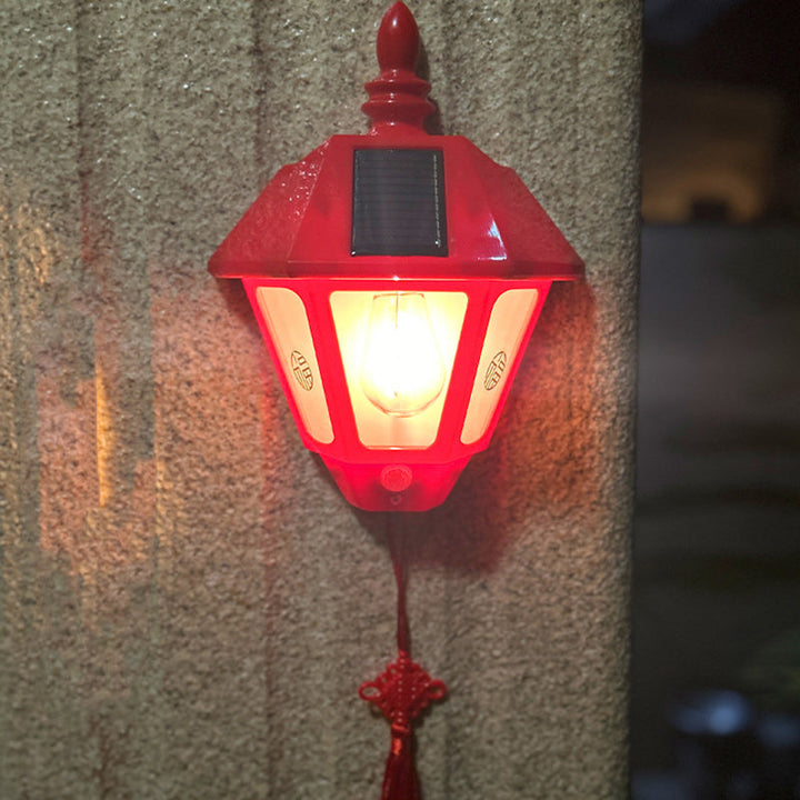 Traditional Chinese ABS Iron Fu Character Cone 1-Light Solar Wall Sconce Lamp For Outdoor | Kalsten