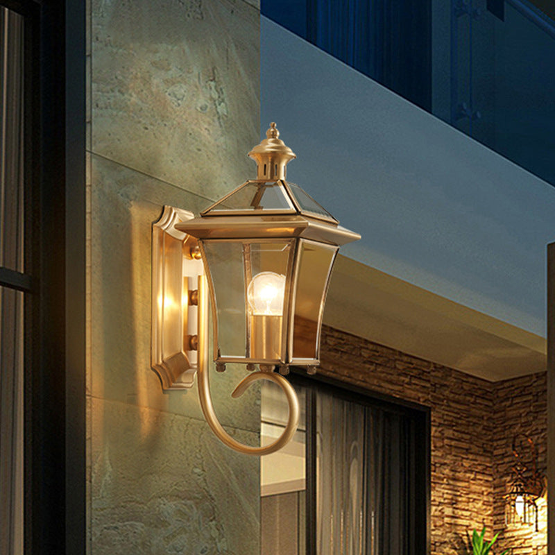 Traditional European Quadrangle Candle Holder Copper Frame Glass Shade 1-Light Wall Sconce Lamp For Garden | Kalsten