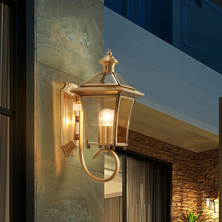 Traditional European Quadrangle Candle Holder Copper Frame Glass Shade 1-Light Wall Sconce Lamp For Garden | Kalsten