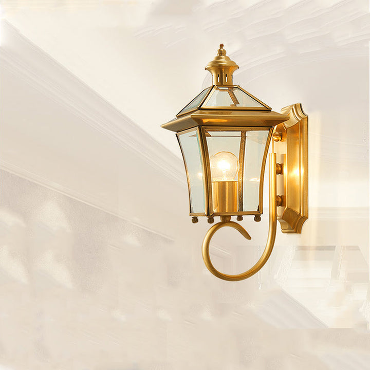 Traditional European Quadrangle Candle Holder Copper Frame Glass Shade 1-Light Wall Sconce Lamp For Garden | Kalsten