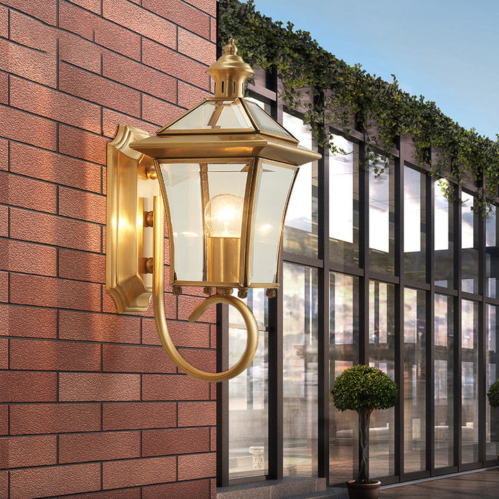 Traditional European Quadrangle Candle Holder Copper Frame Glass Shade 1-Light Wall Sconce Lamp For Garden | Kalsten
