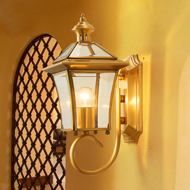 Traditional European Quadrangle Candle Holder Copper Frame Glass Shade 1-Light Wall Sconce Lamp For Garden | Kalsten