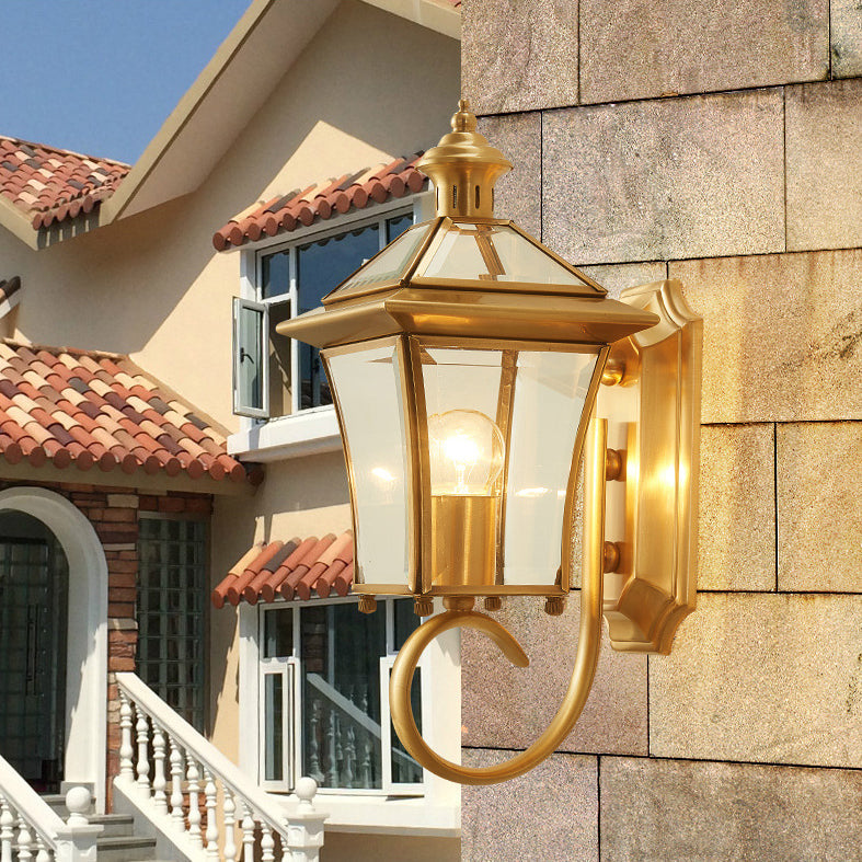 Traditional European Quadrangle Candle Holder Copper Frame Glass Shade 1-Light Wall Sconce Lamp For Garden | Kalsten