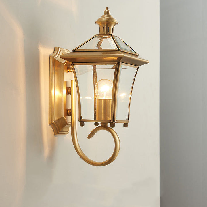 Traditional European Quadrangle Candle Holder Copper Frame Glass Shade 1-Light Wall Sconce Lamp For Garden | Kalsten