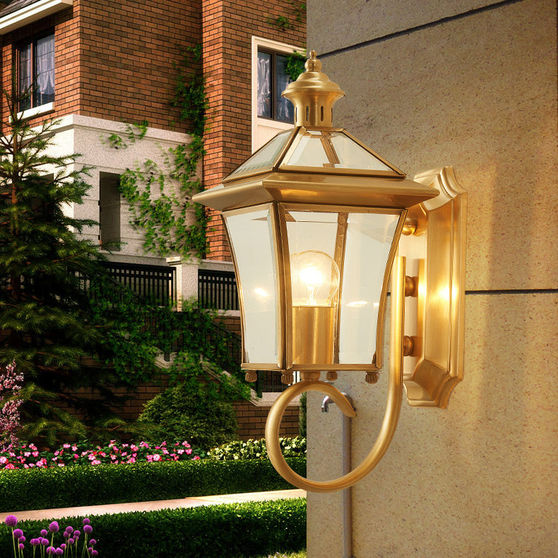Traditional European Quadrangle Candle Holder Copper Frame Glass Shade 1-Light Wall Sconce Lamp For Garden | Kalsten