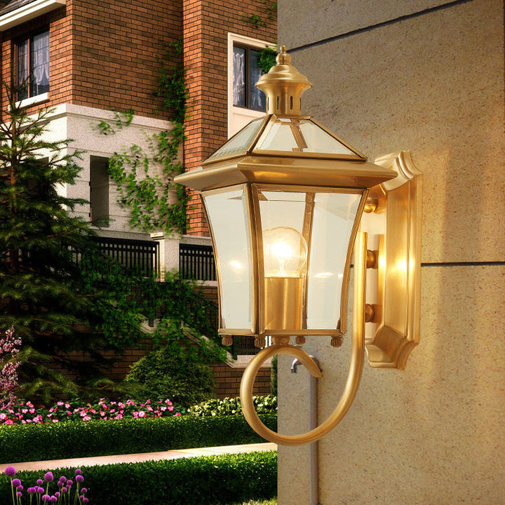 Traditional European Quadrangle Candle Holder Copper Frame Glass Shade 1-Light Wall Sconce Lamp For Garden | Kalsten