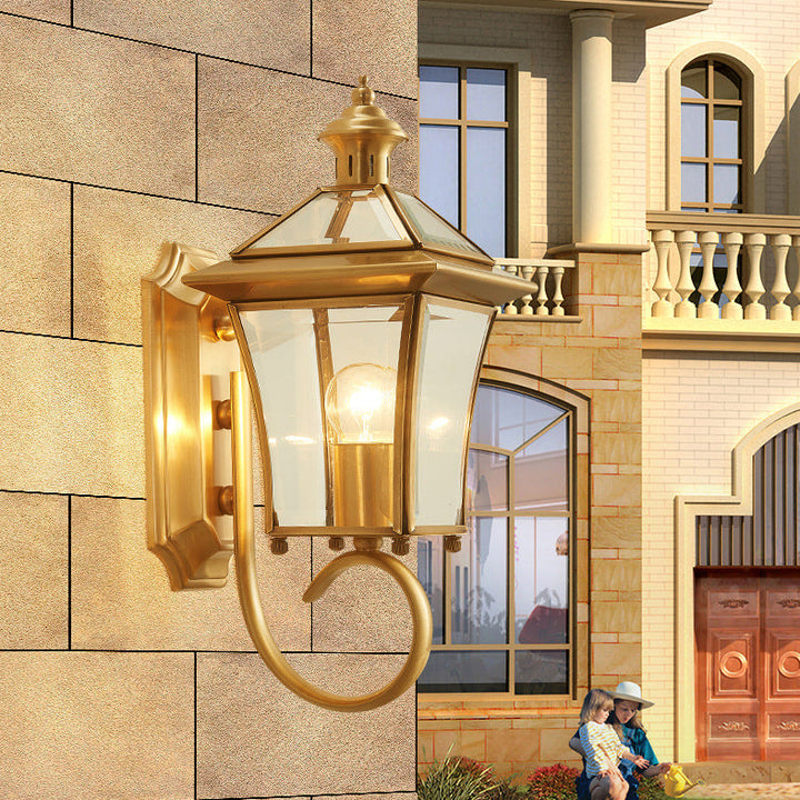 Traditional European Quadrangle Candle Holder Copper Frame Glass Shade 1-Light Wall Sconce Lamp For Garden | Kalsten