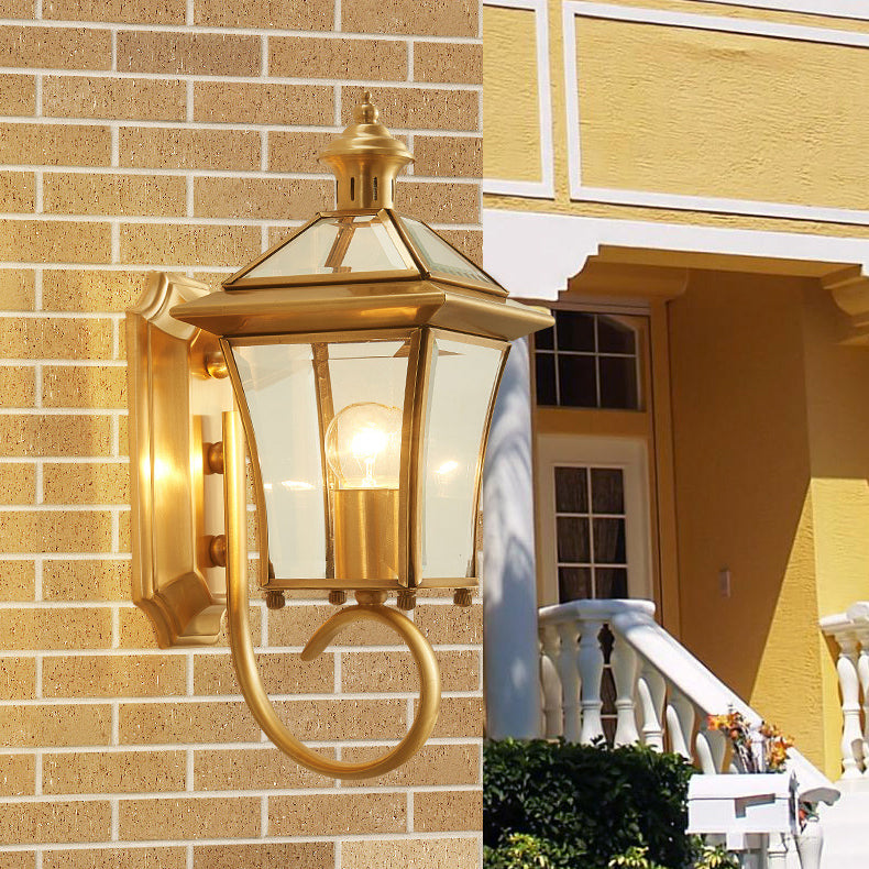 Traditional European Quadrangle Candle Holder Copper Frame Glass Shade 1-Light Wall Sconce Lamp For Garden | Kalsten