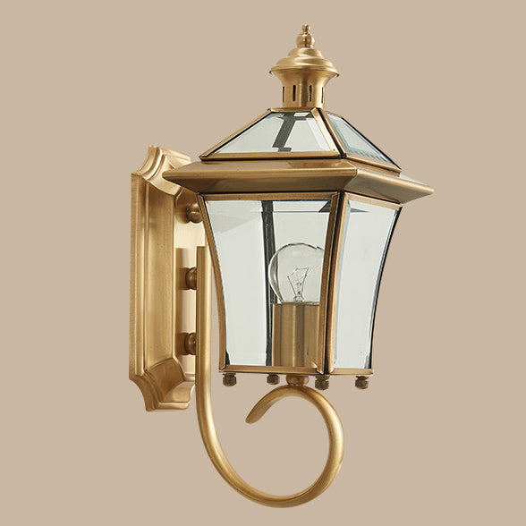 Traditional European Quadrangle Candle Holder Copper Frame Glass Shade 1-Light Wall Sconce Lamp For Garden | Kalsten