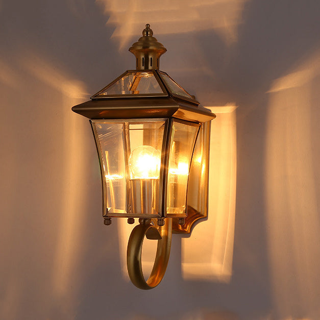 Traditional European Quadrangle Candle Holder Copper Frame Glass Shade 1-Light Wall Sconce Lamp For Garden | Kalsten