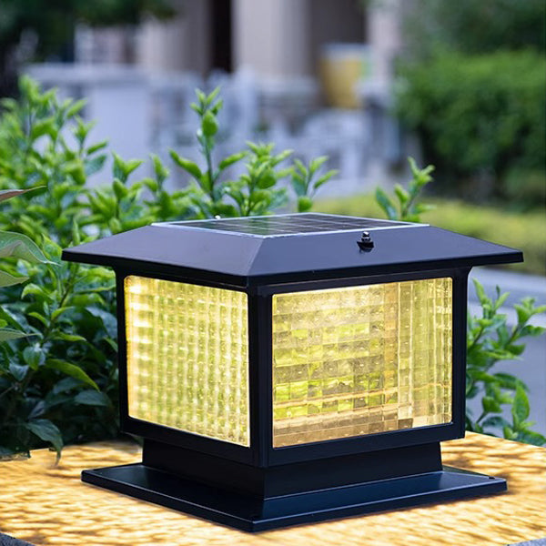 Modern Minimalist Solar Waterproof Rectangular Diamond Stripe Glass Shade Aluminum Frame LED Post Head Light For Garden | Kalsten