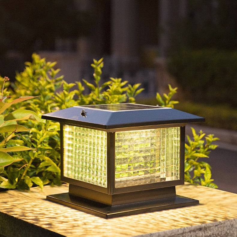 Modern Minimalist Solar Waterproof Rectangular Diamond Stripe Glass Shade Aluminum Frame LED Post Head Light For Garden | Kalsten