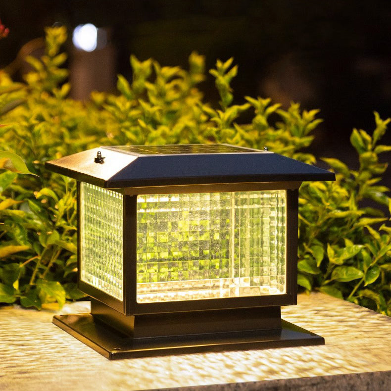 Modern Minimalist Solar Waterproof Rectangular Diamond Stripe Glass Shade Aluminum Frame LED Post Head Light For Garden | Kalsten