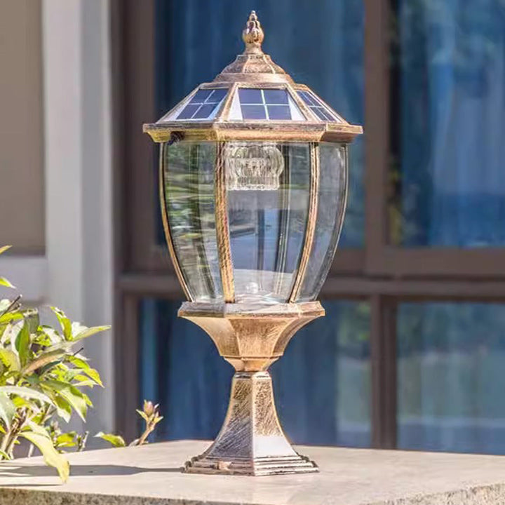 Contemporary Retro Hexagon Aluminum Glass LED Solar Post Head Landscape Light For Garden | Kalsten