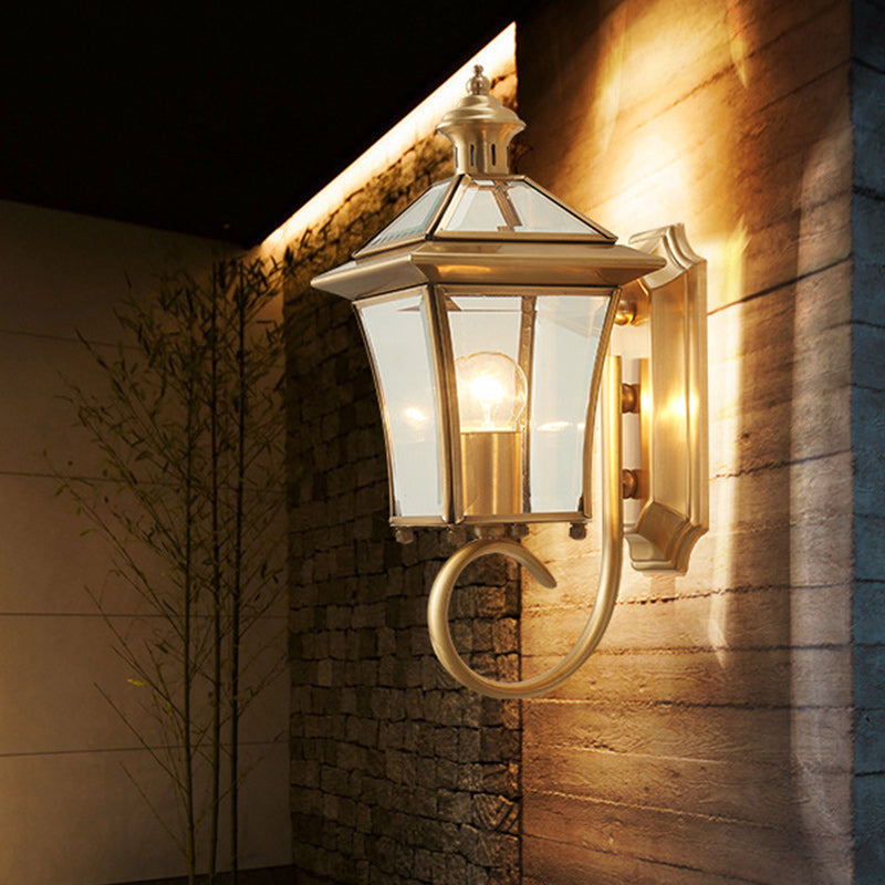 Traditional European Trapezoid Copper Glass 1-Light Wall Sconce Lamp For Garden | Kalsten
