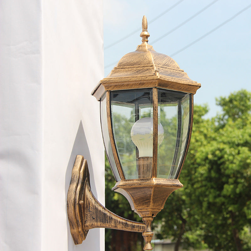 Contemporary Retro Waterproof Hexagonal Cage Aluminum Frosted Clear Glass 1-Light Wall Sconce Lamp For Outdoor Patio | Kalsten