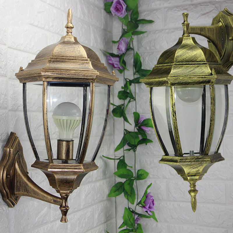 Contemporary Retro Waterproof Hexagonal Cage Aluminum Frosted Clear Glass 1-Light Wall Sconce Lamp For Outdoor Patio | Kalsten