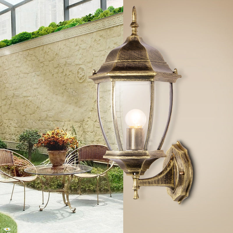 Contemporary Retro Waterproof Hexagonal Cage Aluminum Frosted Clear Glass 1-Light Wall Sconce Lamp For Outdoor Patio | Kalsten