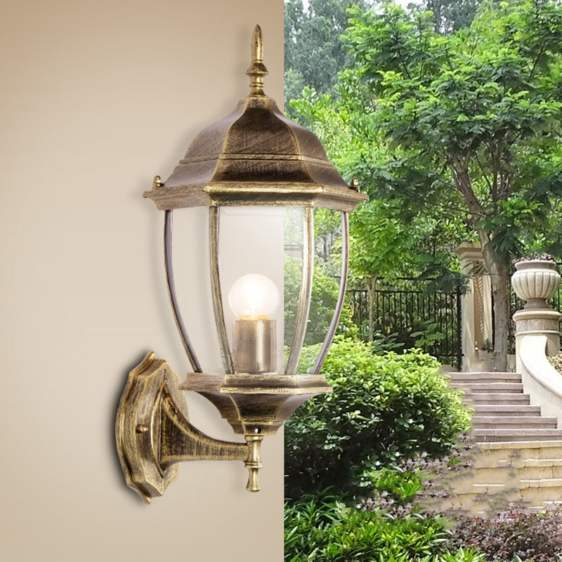 Contemporary Retro Waterproof Hexagonal Cage Aluminum Frosted Clear Glass 1-Light Wall Sconce Lamp For Outdoor Patio | Kalsten