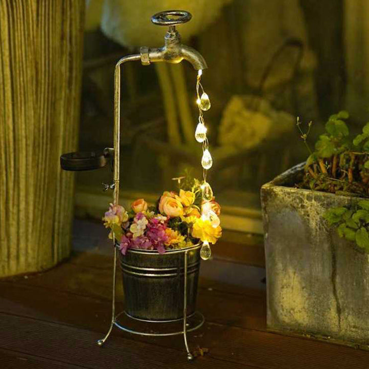 Modern Art Deco Solar Faucet Water Drops Flowing Water Planter Shape Iron LED Outdoor Light For Garden | Kalsten