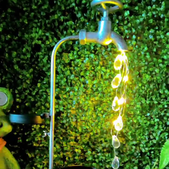 Modern Art Deco Solar Faucet Water Drops Flowing Water Planter Shape Iron LED Outdoor Light For Garden | Kalsten