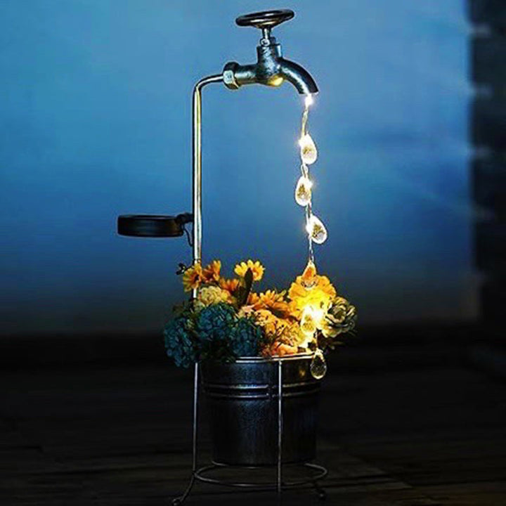 Modern Art Deco Solar Faucet Water Drops Flowing Water Planter Shape Iron LED Outdoor Light For Garden | Kalsten