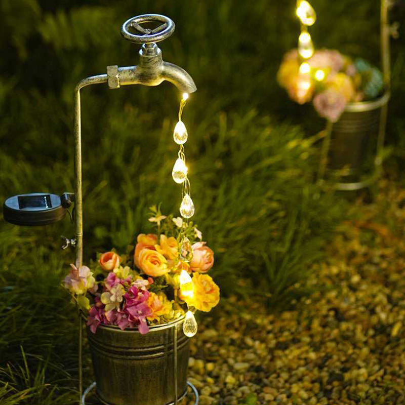 Modern Art Deco Solar Faucet Water Drops Flowing Water Planter Shape Iron LED Outdoor Light For Garden | Kalsten