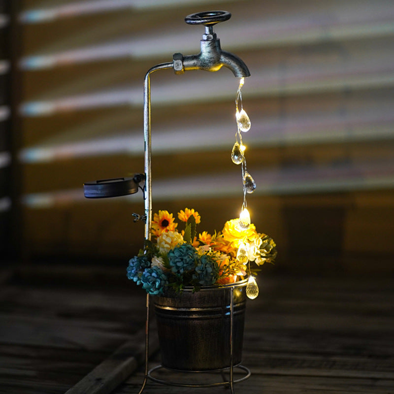 Modern Art Deco Solar Faucet Water Drops Flowing Water Planter Shape Iron LED Outdoor Light For Garden | Kalsten