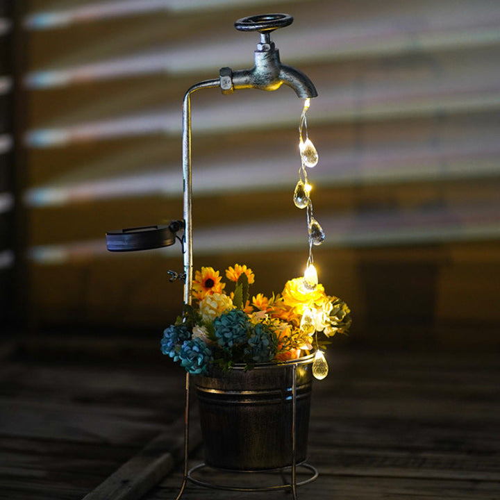 Modern Art Deco Solar Faucet Water Drops Flowing Water Planter Shape Iron LED Outdoor Light For Garden | Kalsten