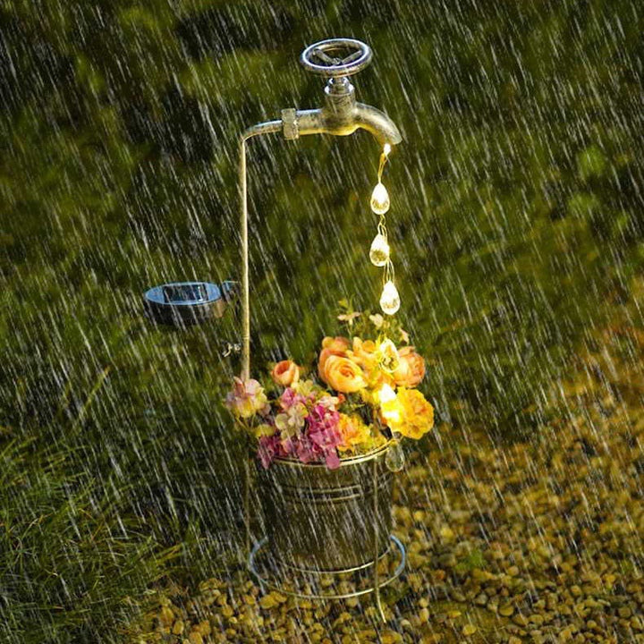 Modern Art Deco Solar Faucet Water Drops Flowing Water Planter Shape Iron LED Outdoor Light For Garden | Kalsten