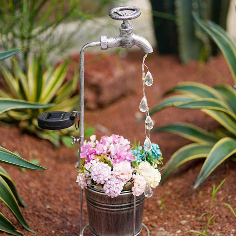 Modern Art Deco Solar Faucet Water Drops Flowing Water Planter Shape Iron LED Outdoor Light For Garden | Kalsten