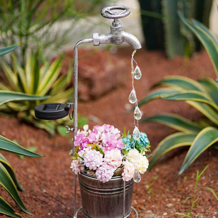 Modern Art Deco Solar Faucet Water Drops Flowing Water Planter Shape Iron LED Outdoor Light For Garden | Kalsten