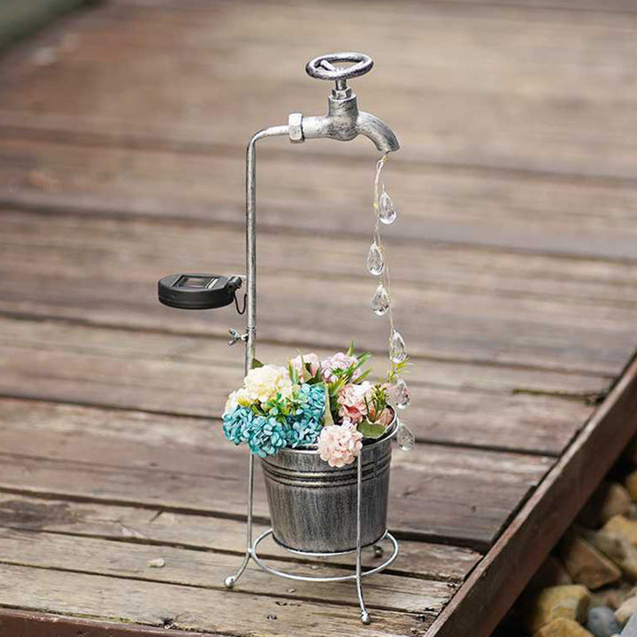 Modern Art Deco Solar Faucet Water Drops Flowing Water Planter Shape Iron LED Outdoor Light For Garden | Kalsten